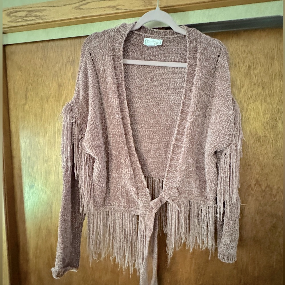 Fringed Open-Front Sweater - Mauve